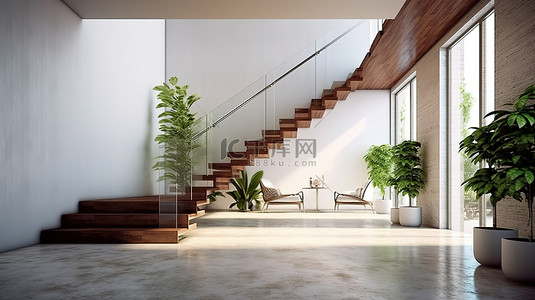 室内楼梯背景背景图片_令人惊叹的 3D 设计的现代室内楼梯