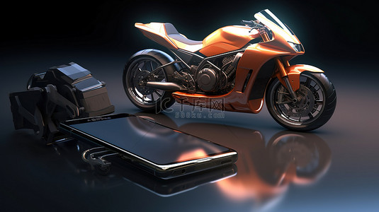 商业购物背景图片_令人惊叹的 3d 渲染中的摩托车和智能手机