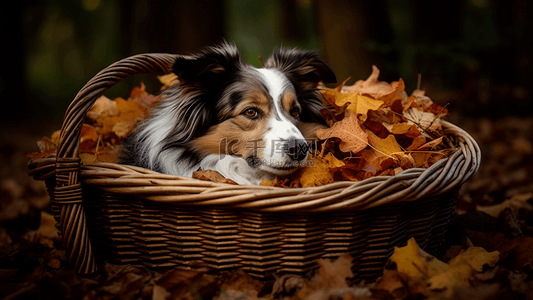 边境牧羊犬犬背景图片_秋天篮子落叶牧羊犬摄影广告背景