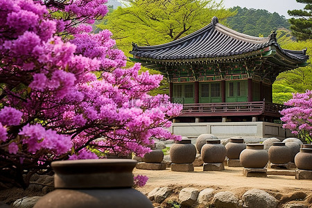 盛开的花背景图片_韩国韩屋粉红色杜鹃花和美丽盛开的杜鹃花