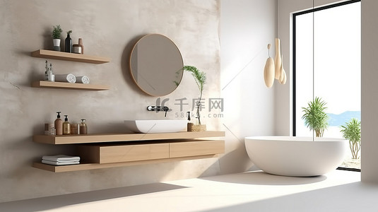 现代浴室设计，配有白色墙壁时尚的家具盛开的花卉和 3D 渲染的水槽