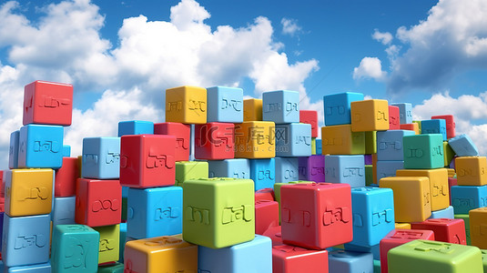 在多云背景下拼写“数学块”的字母积木的 3D 渲染