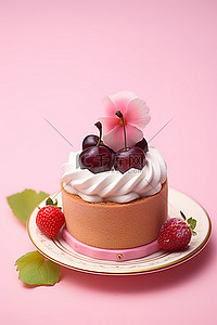 粉红色背景上有水果的小蛋糕
