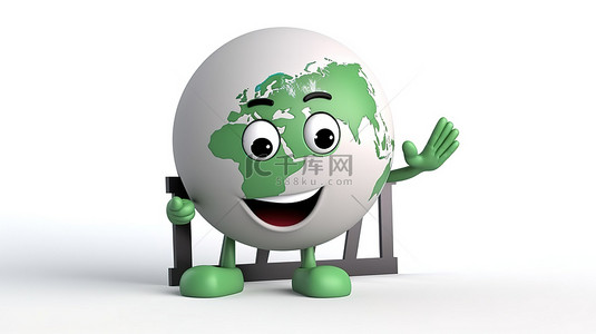 地球地球仪吉祥物的 3D 渲染，在白色背景下拿着电影拍板