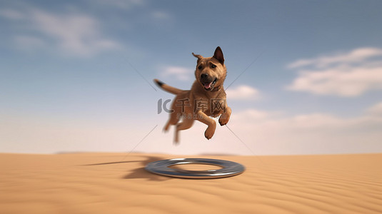 飞盘卡通背景图片_飞盘和运动中的棕色狗的 3D 渲染图像