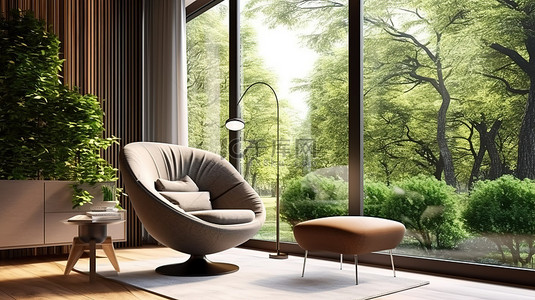 山体景观背景图片_带扶手椅的现代休息室，可欣赏 3D 壮观的森林景观
