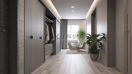 滑动衣柜背景图片_带衣柜和滑动衣柜 3d 渲染的现代走廊
