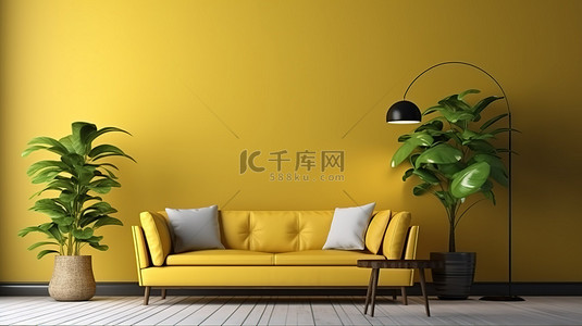 落地灯沙发背景图片_简约的房间模型，以黄色沙发和 3D 渲染的装饰元素为特色