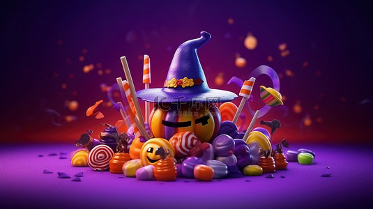 不快乐的背景图片_紫色背景 3D 渲染中的怪异万圣节快乐女巫帽蜘蛛和彩色糖果