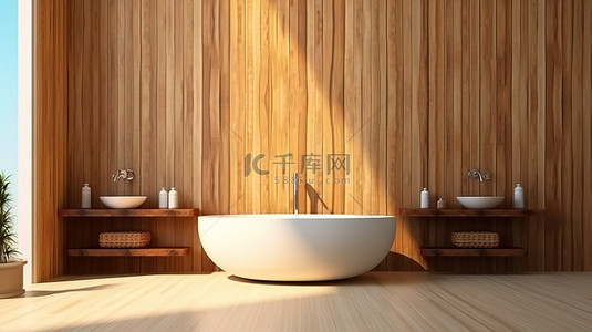 木板 3D 和插图用于模糊浴室背景和前景