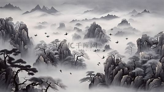 灰色画布上的 3D 中国风景，有迷人的圣诞树鸟山和云彩