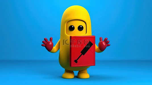 黄色背景上带有红色禁止符号的蓝皮书吉祥物的 3D 渲染