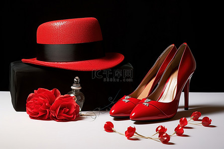 亮皮高跟鞋背景图片_红色帽子高跟鞋和其他小配饰