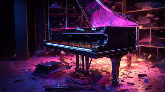 霓虹灯碎片中破碎的钢琴在 3D 插图中爆炸