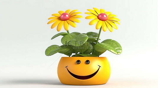白色叶背景图片_快乐的雏菊花 3D 动画人物在白色背景的花盆里微笑