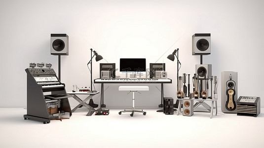制作简历背景图片_用于音乐制作的当代家庭工作室，以 3D 渲染的白色背景为特色，配备尖端电子设备和乐器