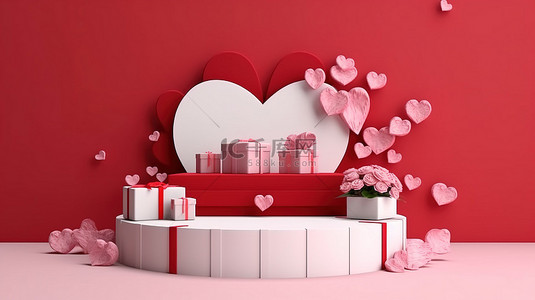 浪漫情人节婚礼心形爱情和礼品盒的 3D 渲染舞台模板