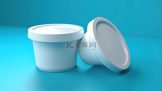 蓝色背景的 3D 渲染，带有空的白色容器，用于甜点酸奶或冰淇淋