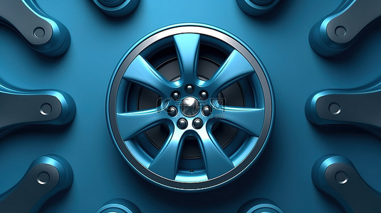 3D 渲染中车轮抽象对象的简单化蓝色平躺