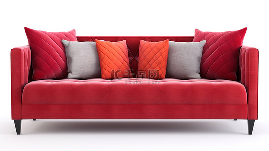 桌面背景咖啡背景图片_带枕头的红色布艺沙发的白色背景隔离 3D 渲染