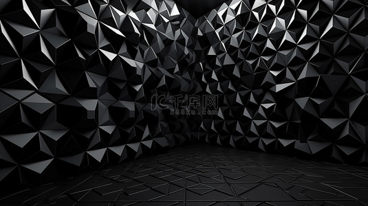 黑色水泥地背景图片_3D 渲染墙，具有黑色抽象设计中的几何形状