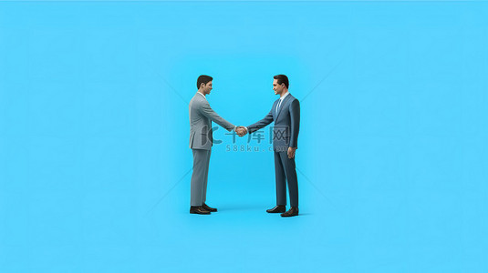 办公室插画背景图片_两个商人在充满活力的蓝色背景上握手的 3D 渲染