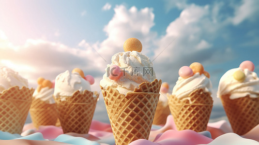美味的冰淇淋勺放在酥脆的华夫饼锥上，上面放着一团奶油 3D 插图摄影