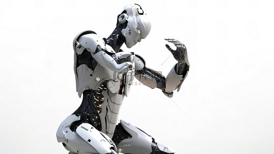 女性机器人用手指指着白色背景的全长 3D 渲染