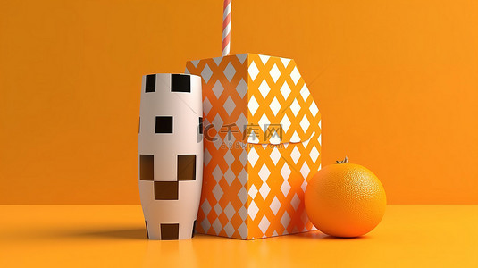 3D 渲染单色牛奶和果汁纸盒，带盖，鲜艳的橙色背景