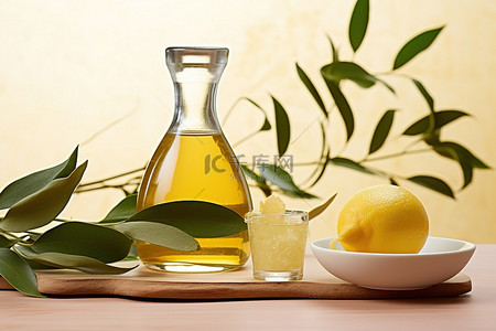 产后康复背景图片_柜台上的橄榄油柠檬和香草