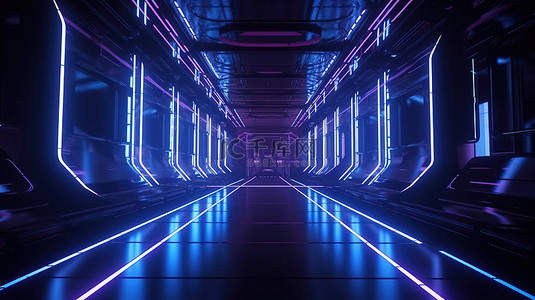 具有蓝色和紫色霓虹灯照明的 3D 渲染中的未来金属走廊
