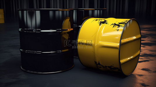 石油化工背景图片_黑色和黄色渲染的 3d 概念化油桶