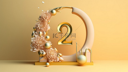 几何产品背景图片_带有蛋糕架生日礼物和数字 2 的金色拱门的华丽 3D 渲染
