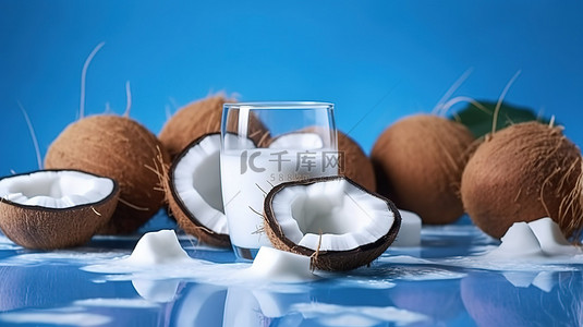 蓝色果汁背景图片_蓝色背景上椰子果和牛奶的 3d 渲染