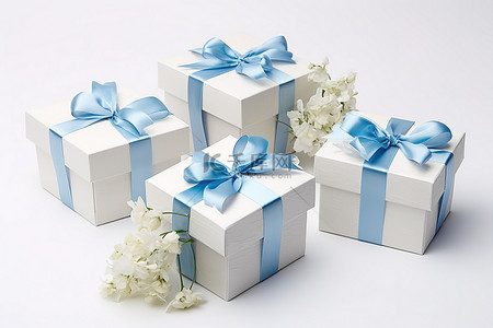 四个银色蓝色盒子，里面装有鲜花和蝴蝶结