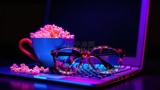 电影电视剧背景图片_在霓虹灯下享受笔记本电脑爆米花和 3D 眼镜的电影之夜