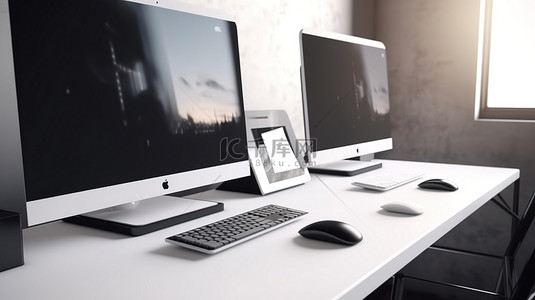 用电背景背景图片_用电脑屏幕在办公桌上特写一对白人夫妇的 3D 模型