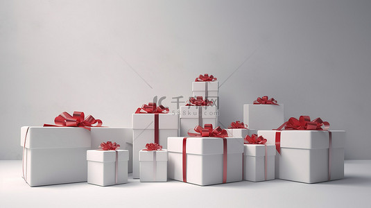 购物装饰背景图片_中性背景，以红色蝴蝶结为特色，在 3D 渲染中装饰白色礼盒