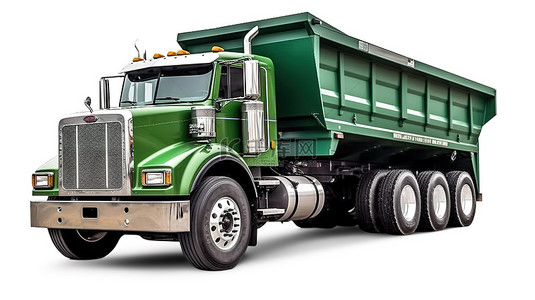 物流轮播图背景图片_白色背景的 3D 插图，包括一辆大型美国卡车，配有倾倒散装货物的拖车
