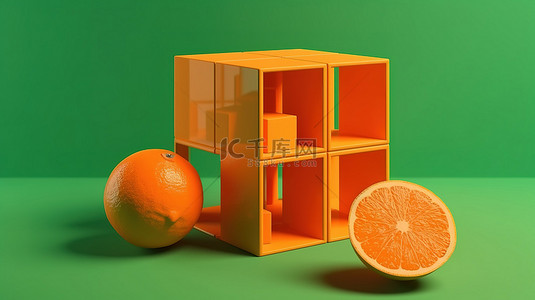 充满活力的 3D 渲染立方橙色簇，绿色背景上有半片