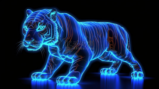 丛林动物背景图片_3d 渲染的蓝色霓虹灯老虎从网格中出现