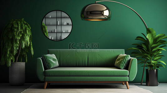 绿色学习学习背景图片_带灯照明沙发和枕头的绿色客厅的 3D 渲染