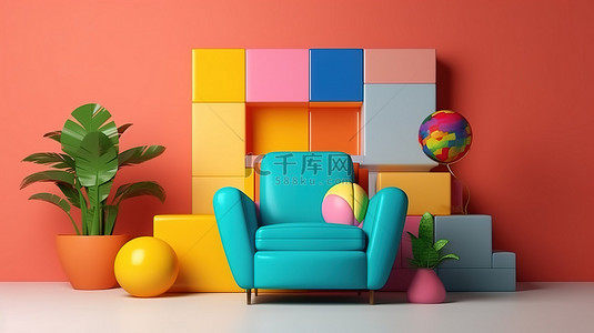 具有孟菲斯设计室内概念的彩色扶手椅和控制台的 3D 渲染