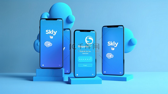蓝色背景展示了 3D 渲染的智能手机，屏幕上带有 Skype 徽标