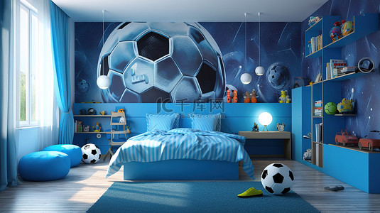 儿童足球背景图片_带有蓝色足球装饰的儿童房的 3D 渲染