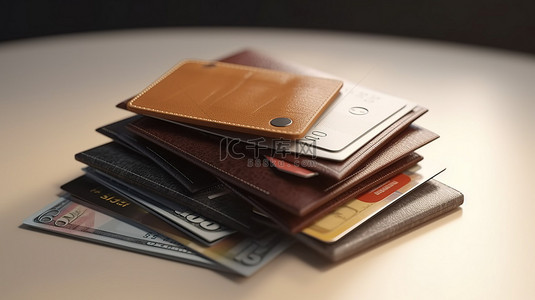 钱包元素背景图片_3d 省钱元素钱包账单硬币堆栈和信用卡的插图