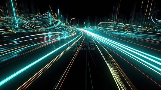抽象高速公路路径 3d 渲染与快速线和耀眼的灯光