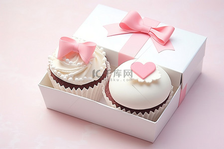 白色盒子里有两个纸杯蛋糕，上面有粉色蝴蝶结