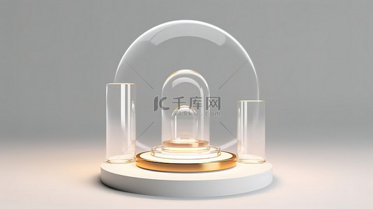 卷的背景图片_具有圆形设计和白色背景下照明玻璃卷的玻璃讲台的 3D 渲染