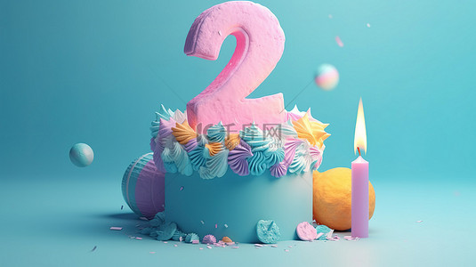 带蜡烛的生日蛋糕背景图片_柔和的生日蛋​​糕派对，配有 2 号蜡烛 3D 渲染图像，蓝色背景，带复制空间